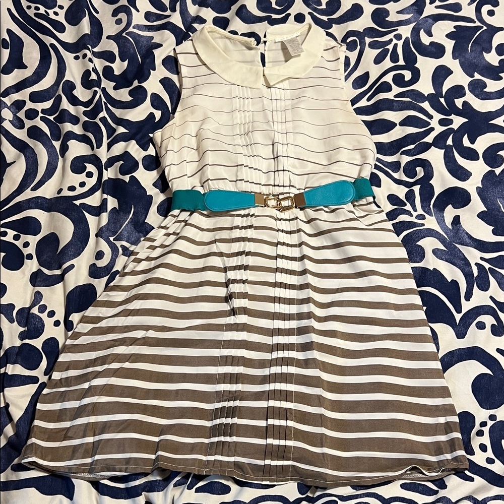 Esley Cream and Brown Striped Casual Dress